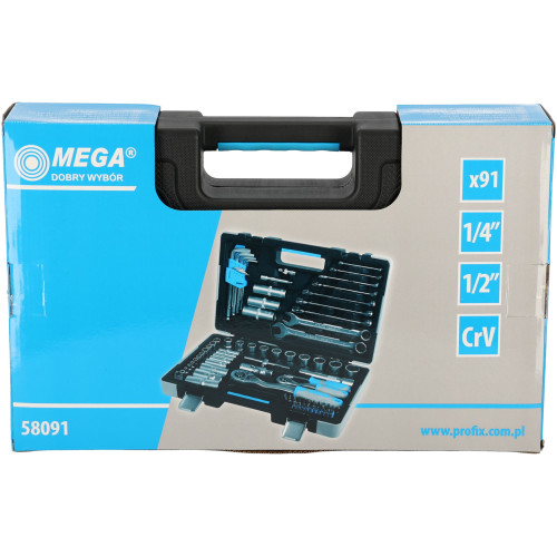 Zestaw kluczy płaskich i nasadowych 1/4" 1/2"  91 el. Mega - 58091 - Mega - 10